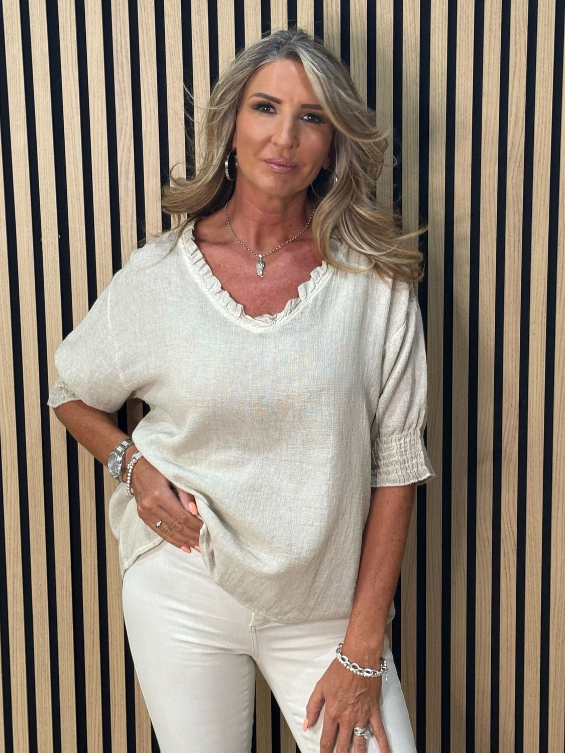 Frill Neck Cotton Top - Stone