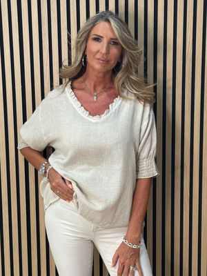 Frill Neck Cotton Top - Stone