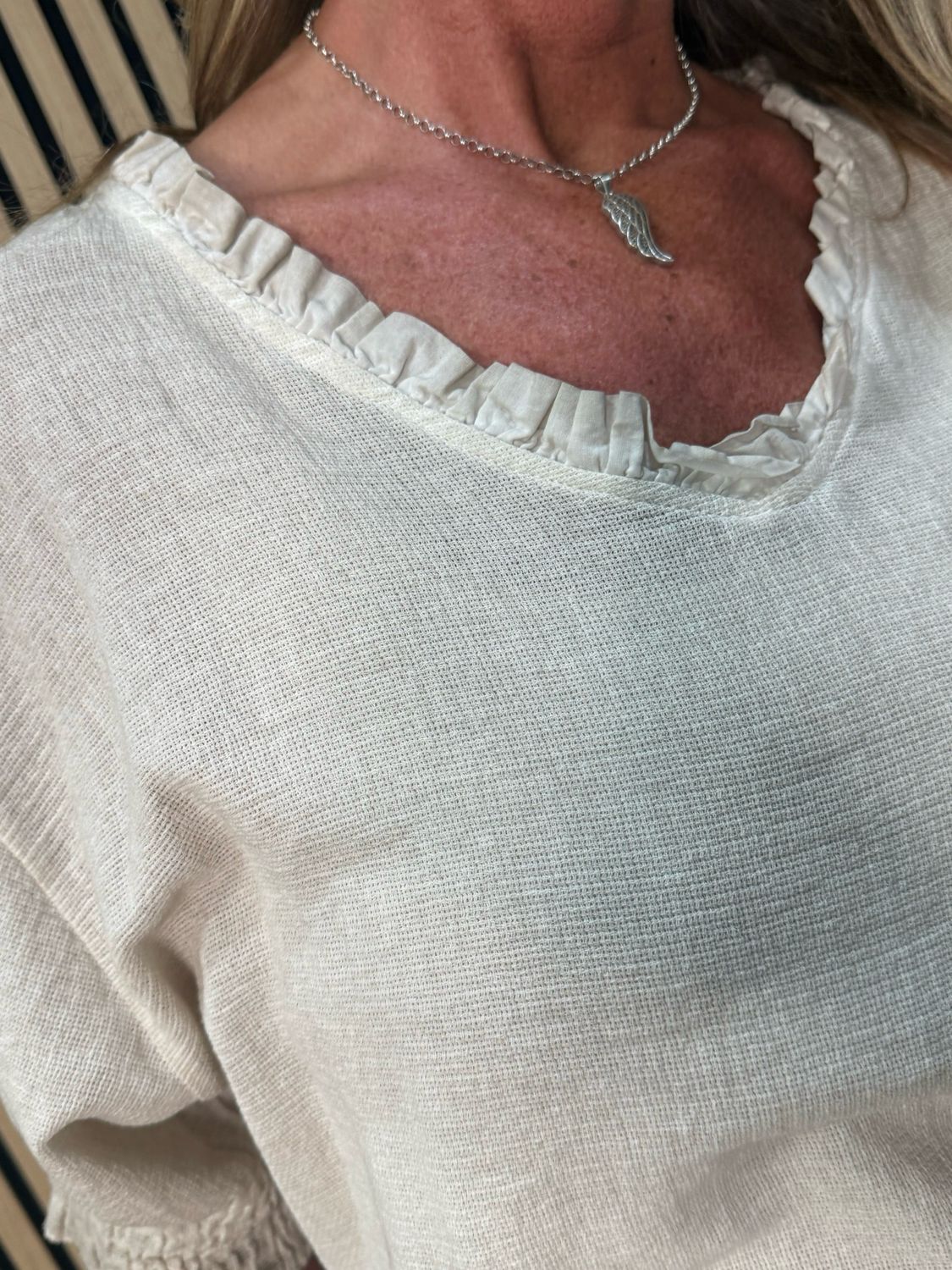 Frill Neck Cotton Top - Stone