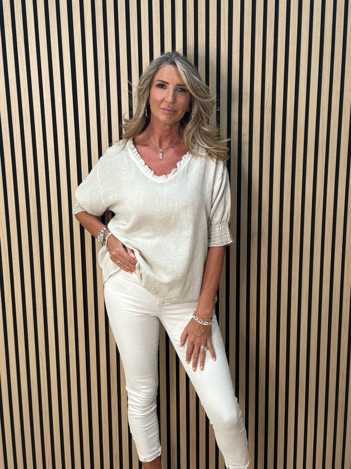 Frill Neck Cotton Top - Stone