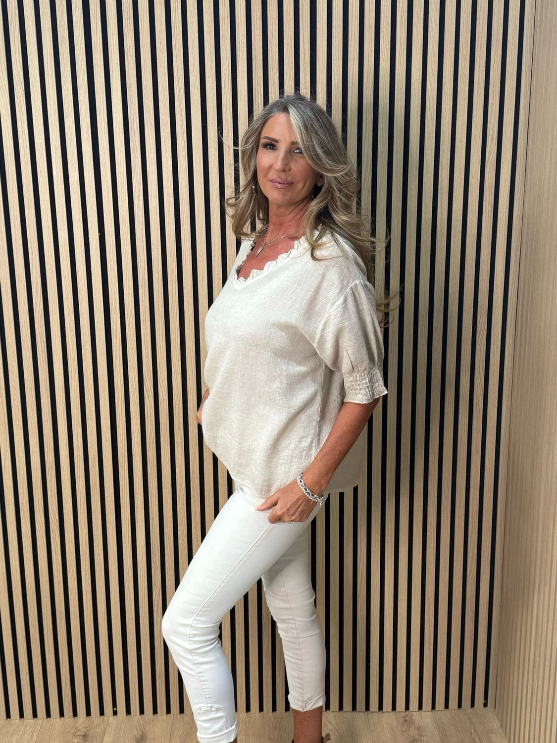 Frill Neck Cotton Top - Stone