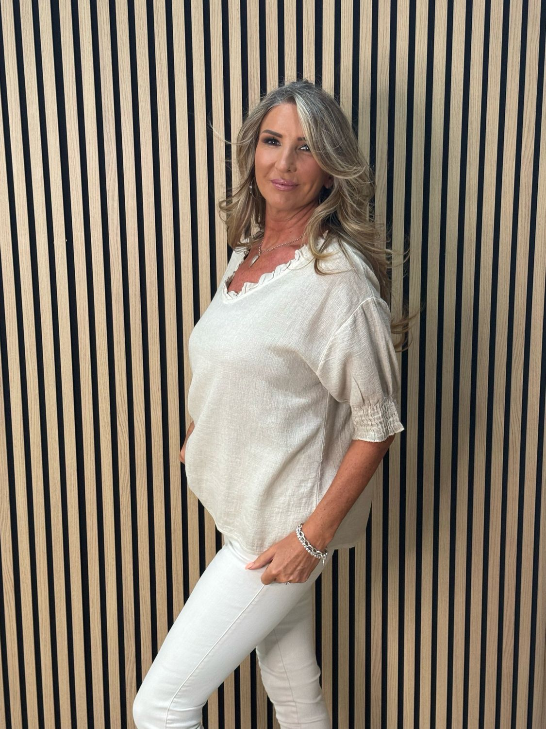 Frill Neck Cotton Top - Stone