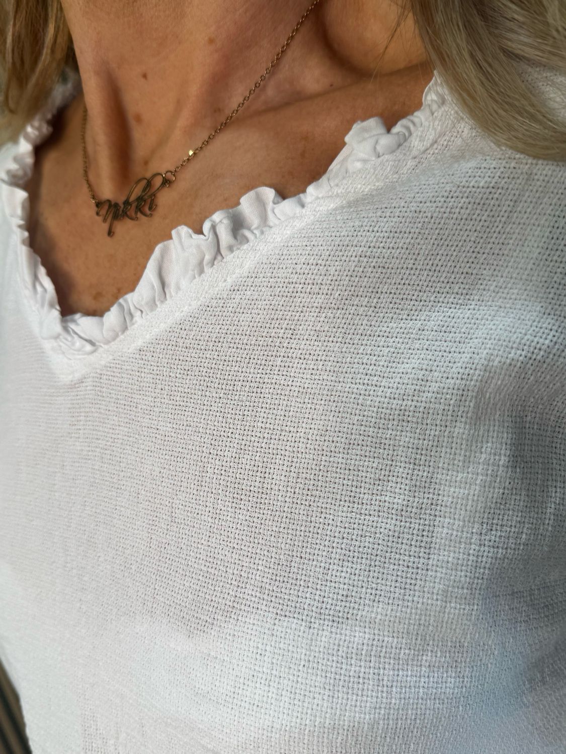 Frill Neck Cotton Top - White