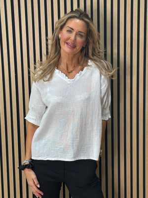 Frill Neck Cotton Top - White