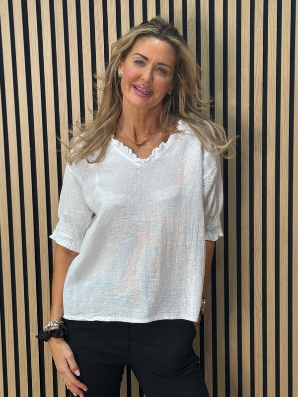 Frill Neck Cotton Top - White