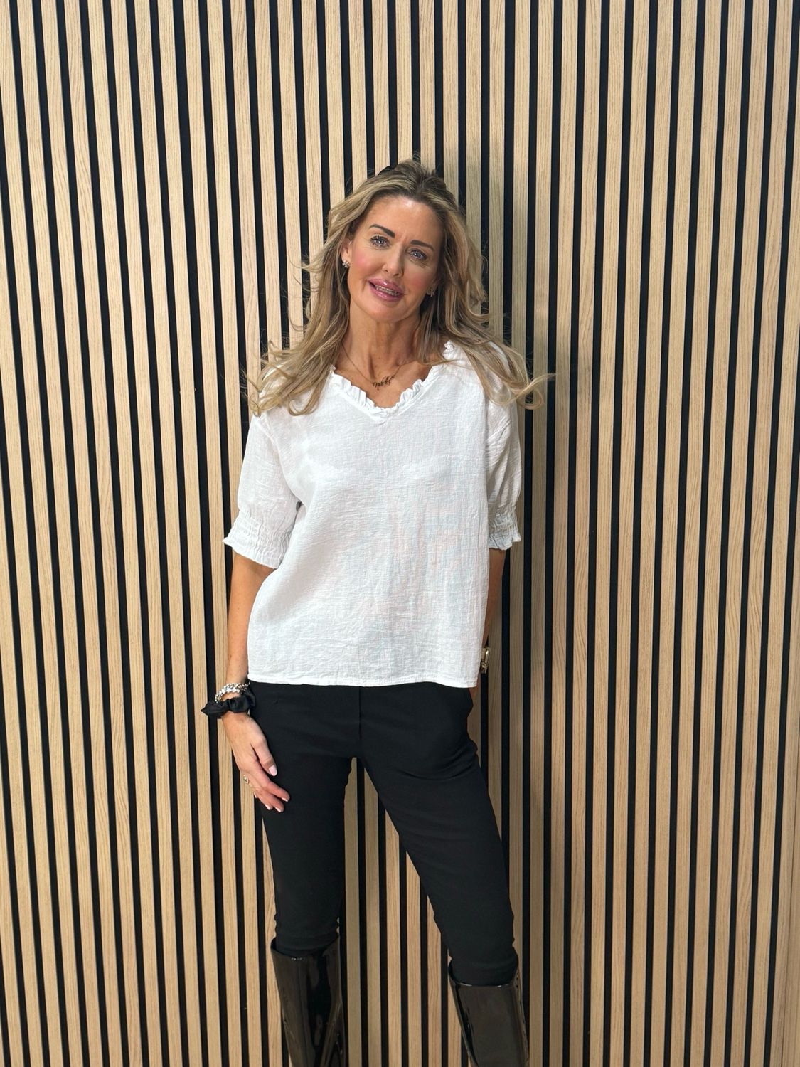 Frill Neck Cotton Top - White