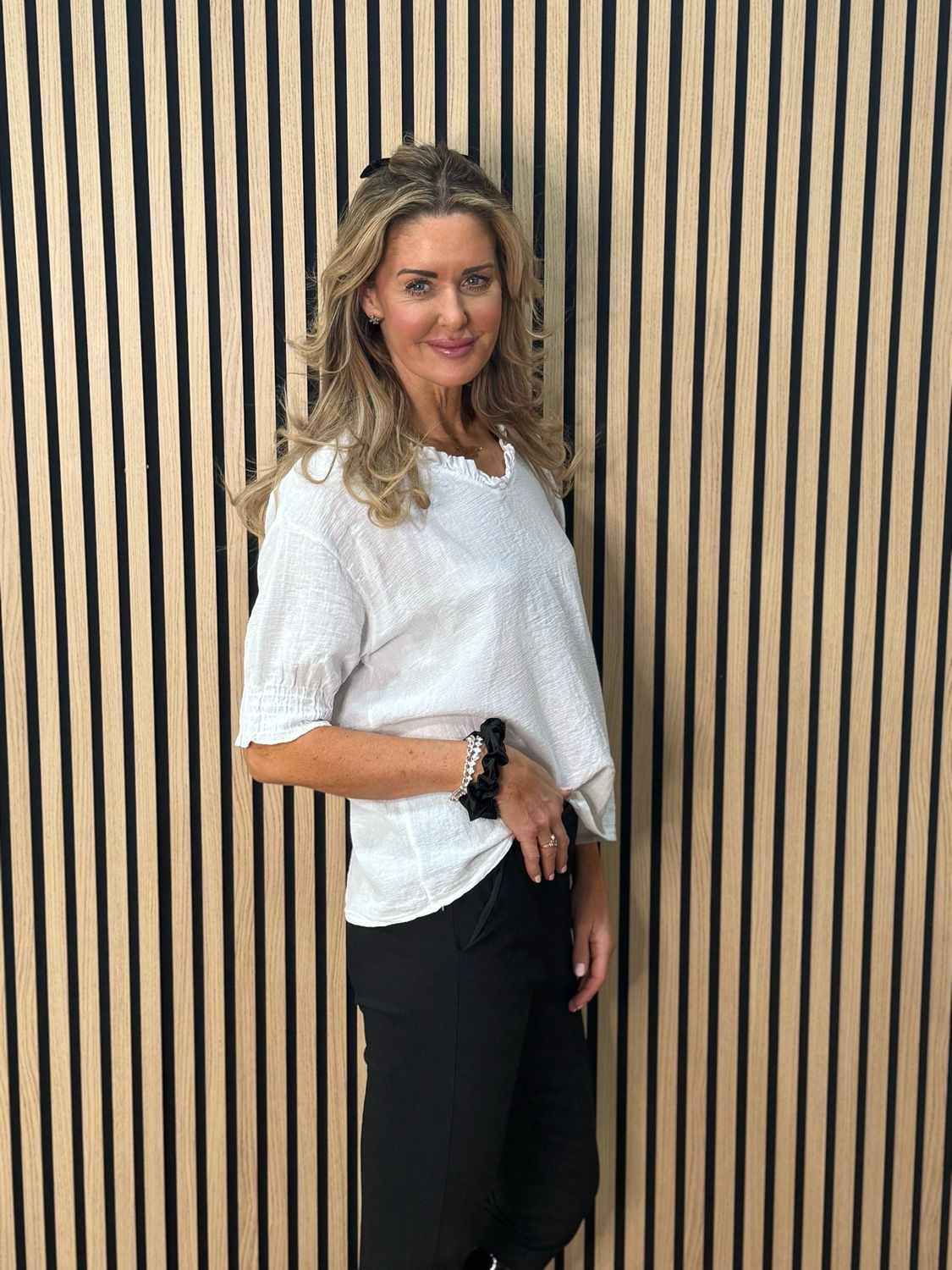 Frill Neck Cotton Top - White