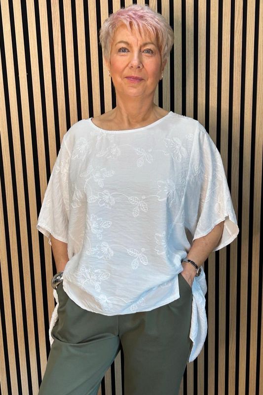 Floral Embroidered Oversized Top - White