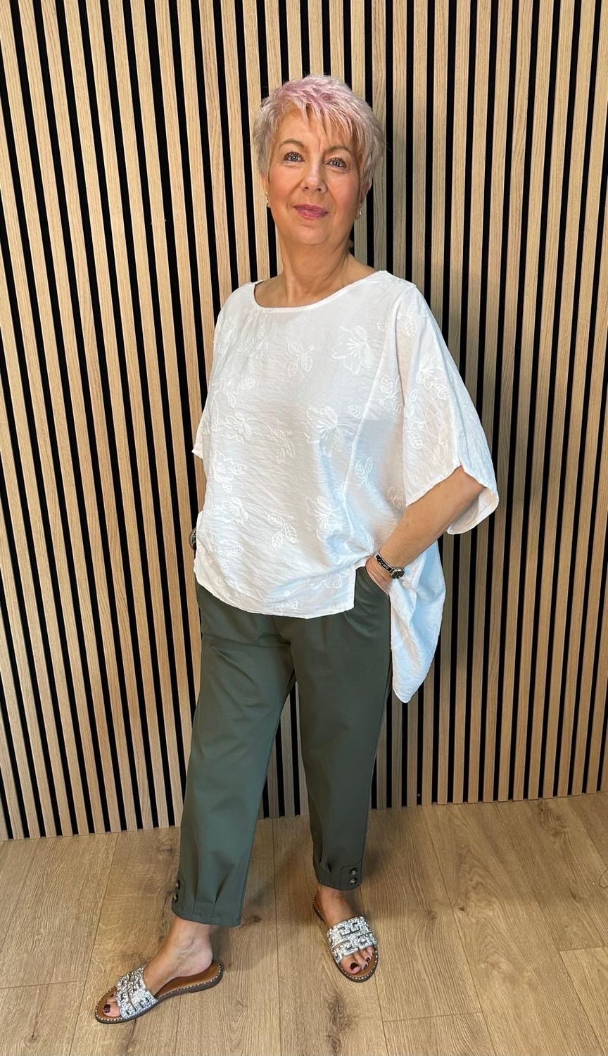 Floral Embroidered Oversized Top - White