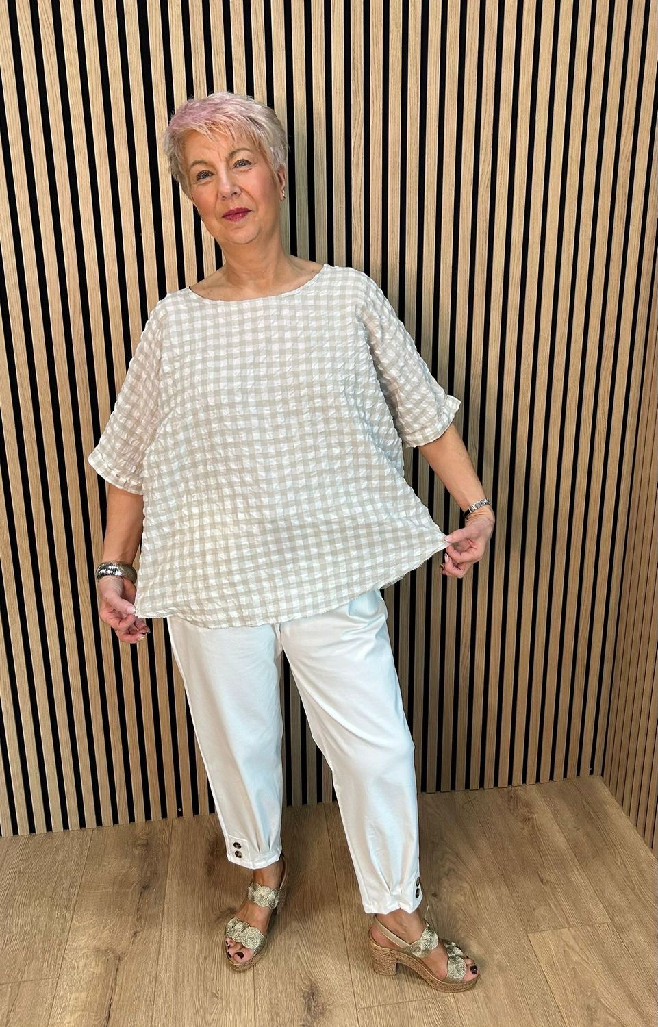 Gingham Textured Top - Taupe