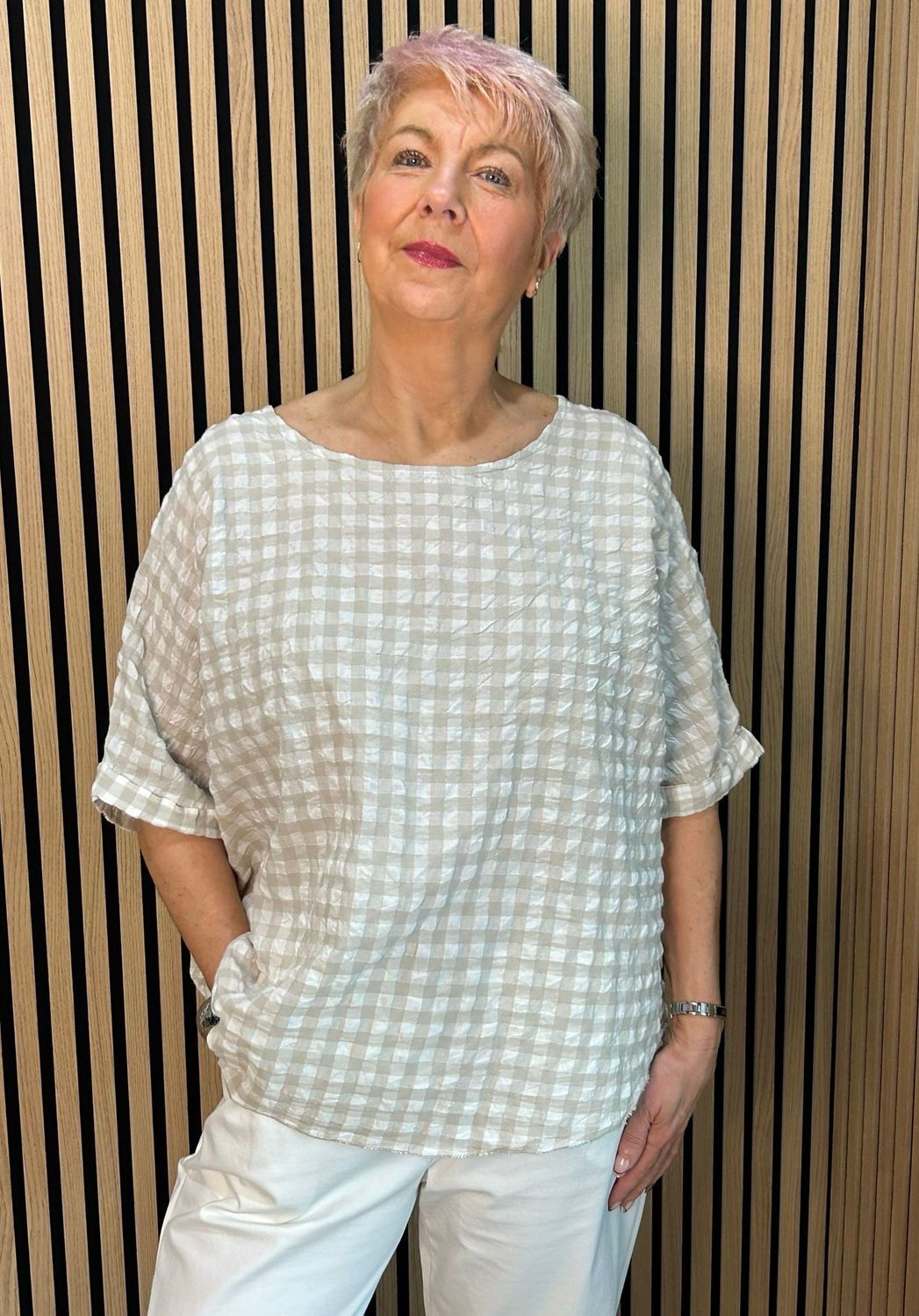 Gingham Textured Top - Taupe