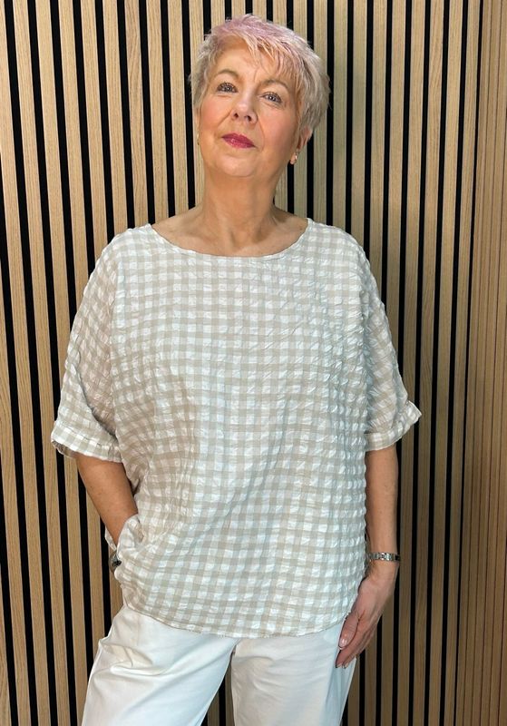 Gingham Textured Top - Taupe