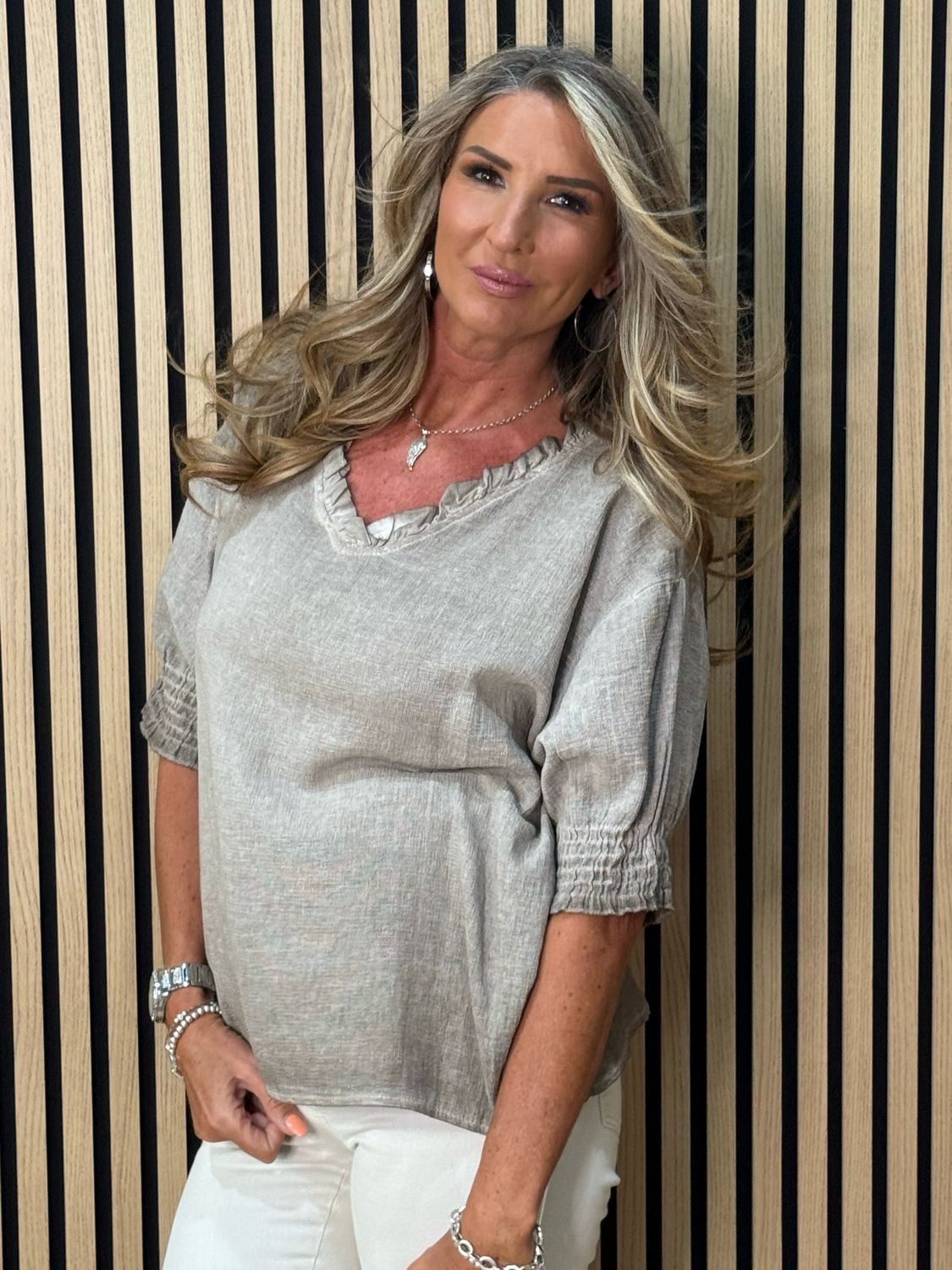 Frill Neck Cotton Top - Taupe