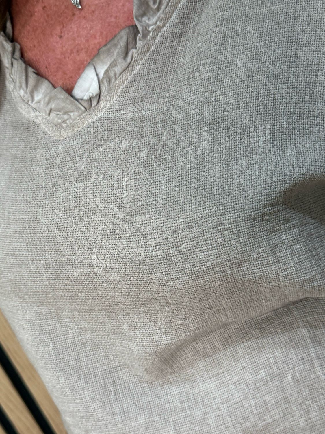 Frill Neck Cotton Top - Taupe