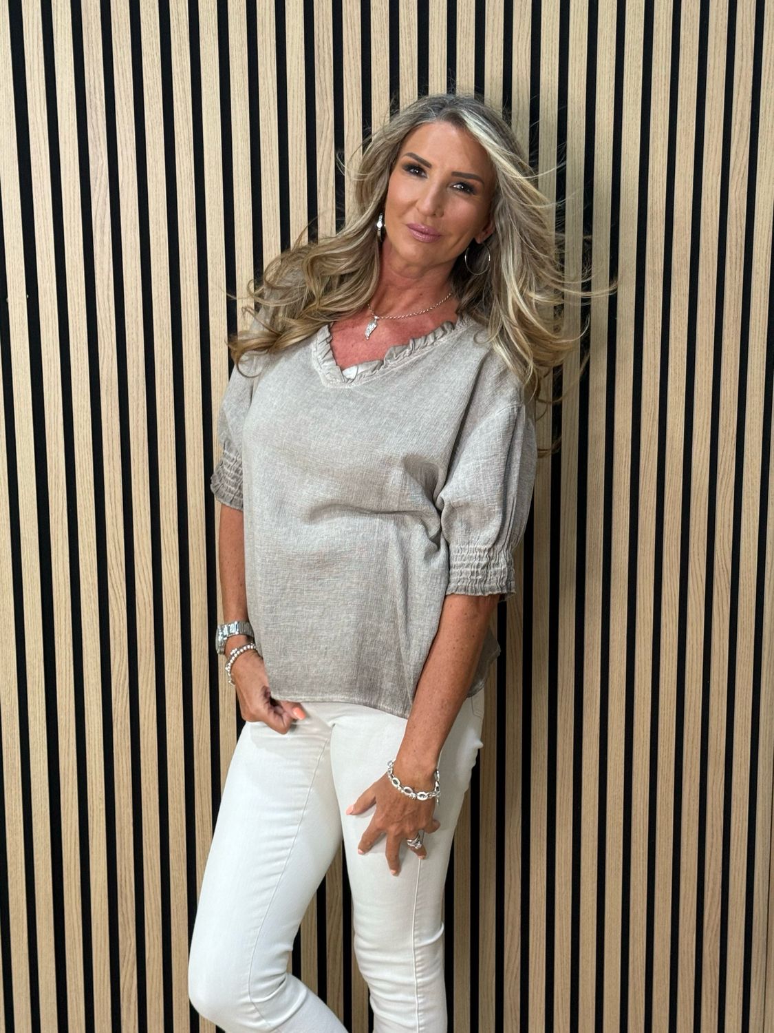 Frill Neck Cotton Top - Taupe