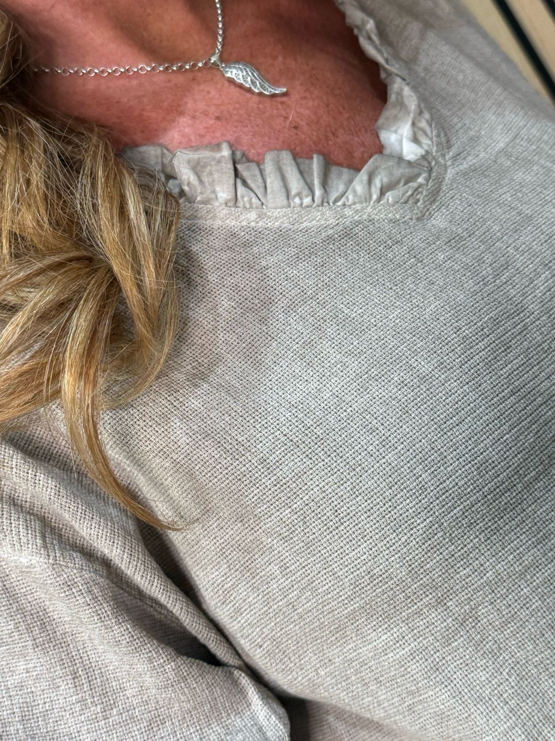 Frill Neck Cotton Top - Taupe