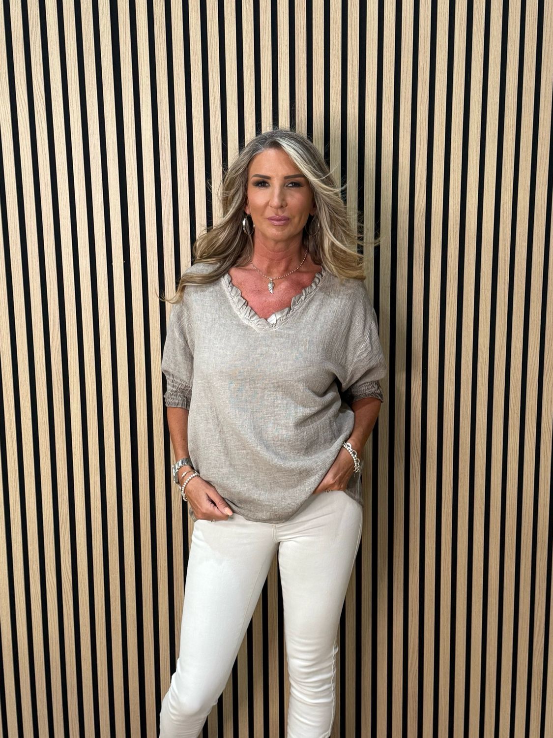 Frill Neck Cotton Top - Taupe