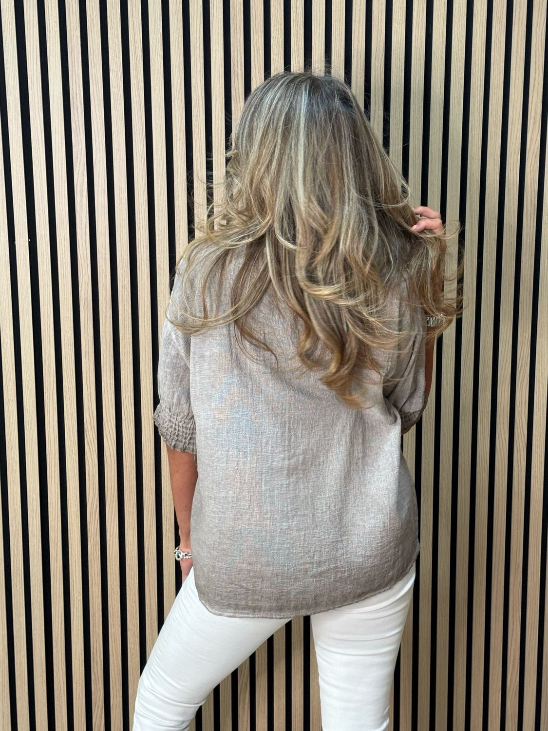 Frill Neck Cotton Top - Taupe