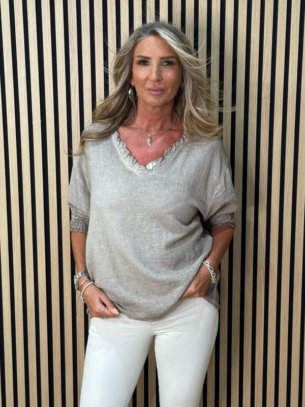 Frill Neck Cotton Top - Taupe