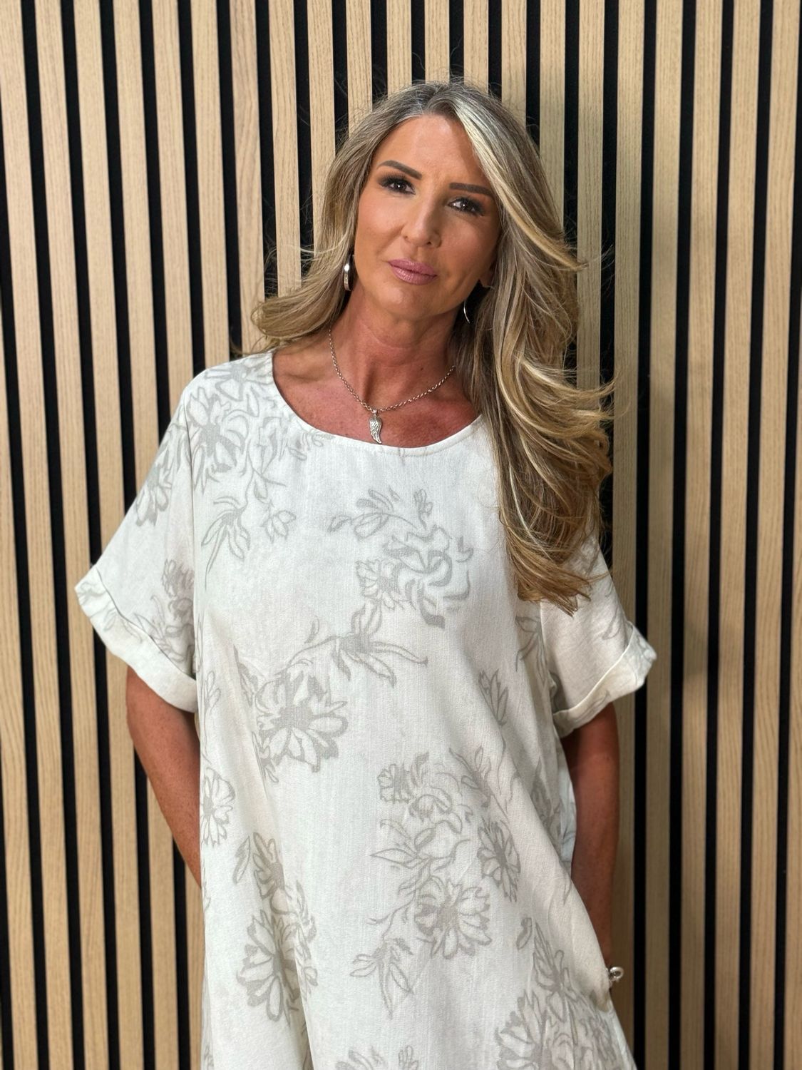 Floral Print Relaxed Midi Dress - Stone