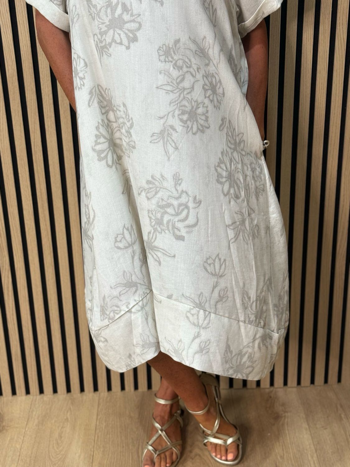 Floral Print Relaxed Midi Dress - Stone