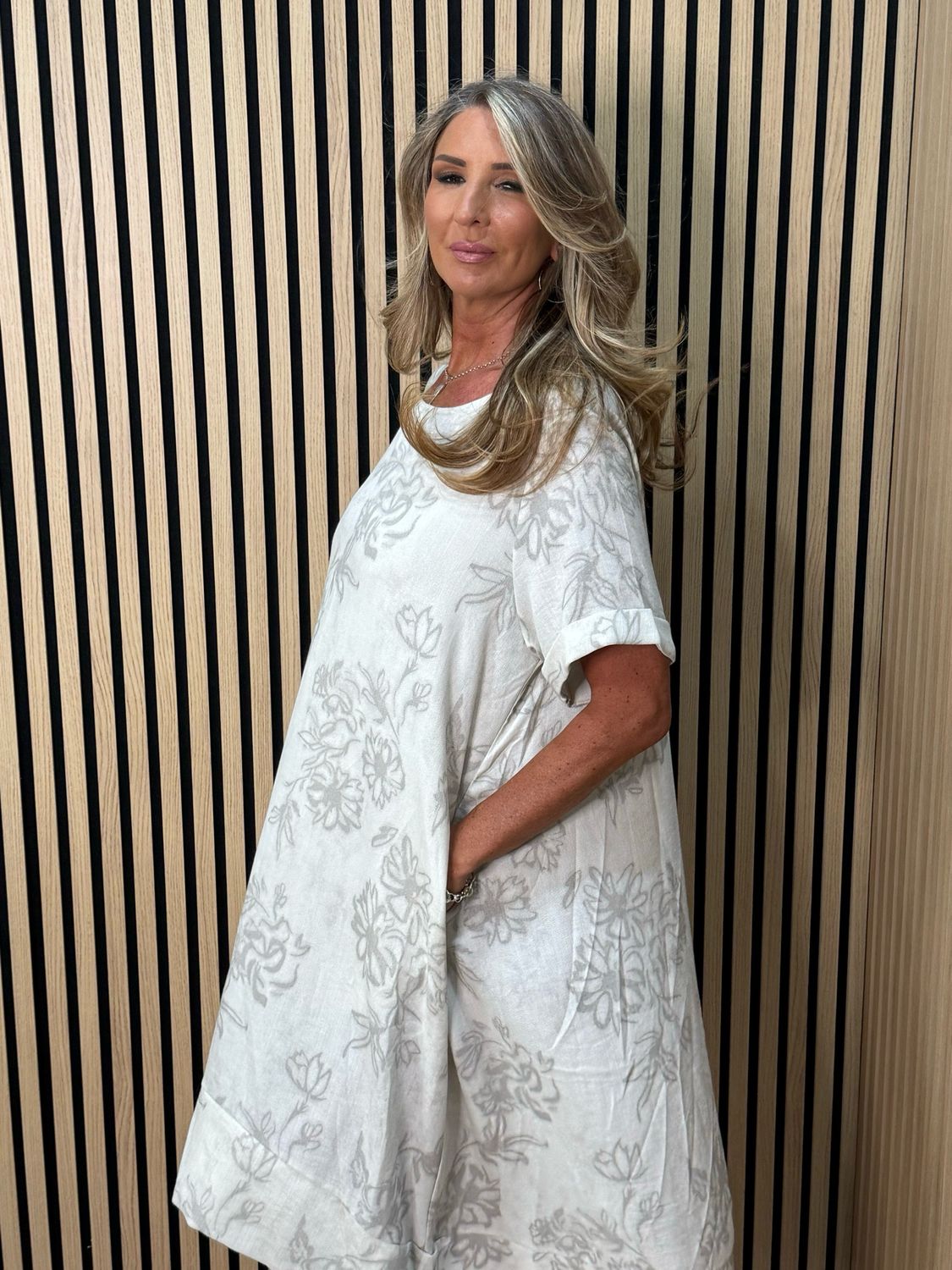 Floral Print Relaxed Midi Dress - Stone