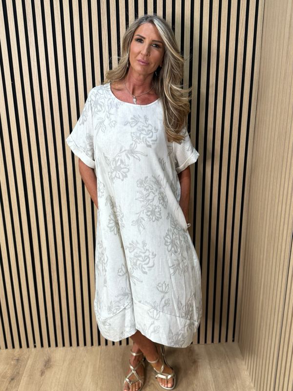 Floral Print Relaxed Midi Dress - Stone