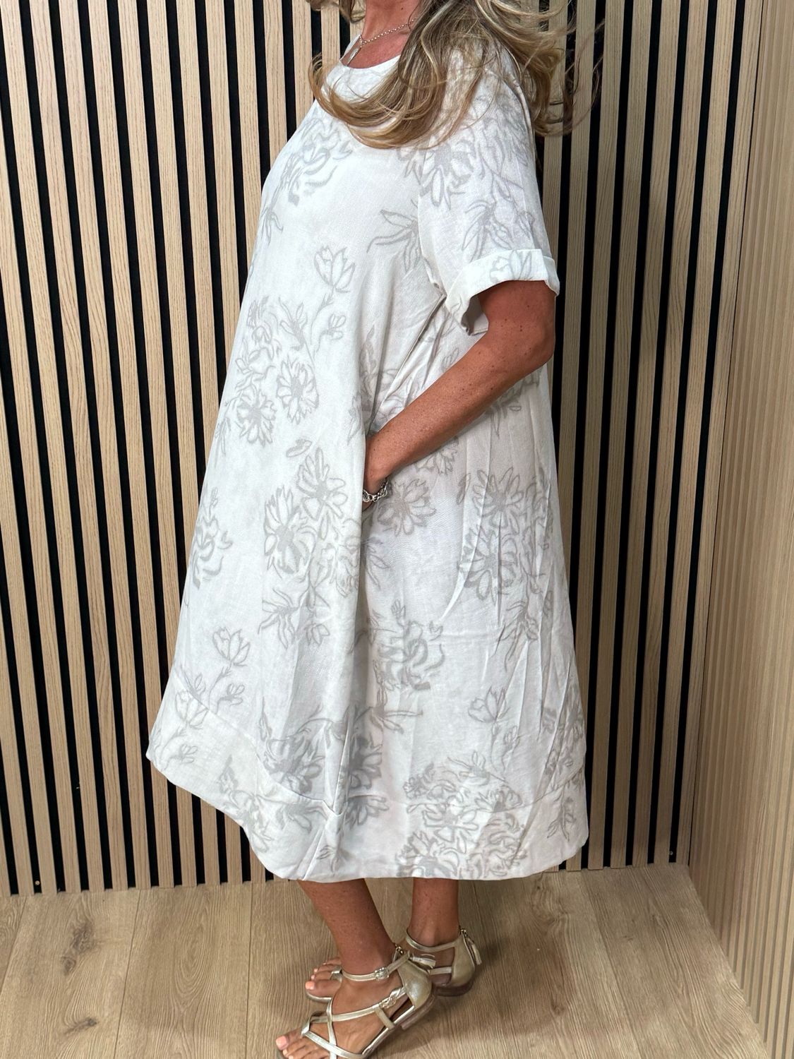 Floral Print Relaxed Midi Dress - Stone