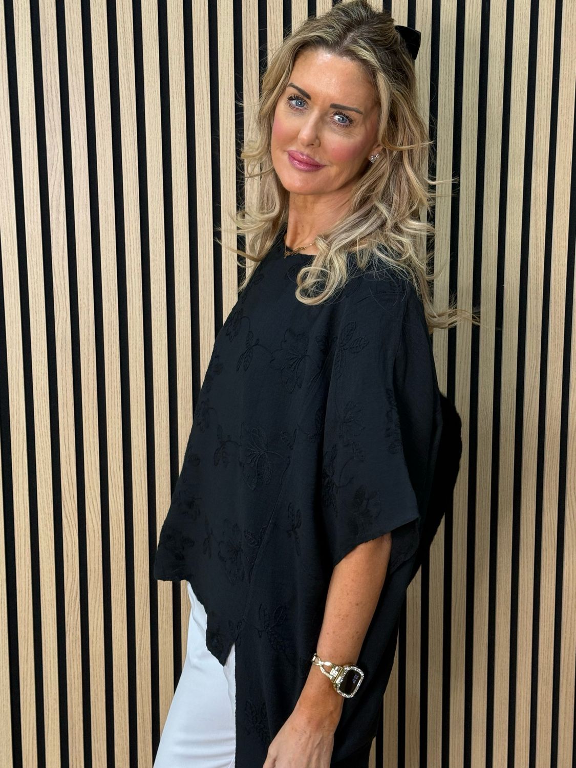 Floral Embroidered Oversized Top - Black