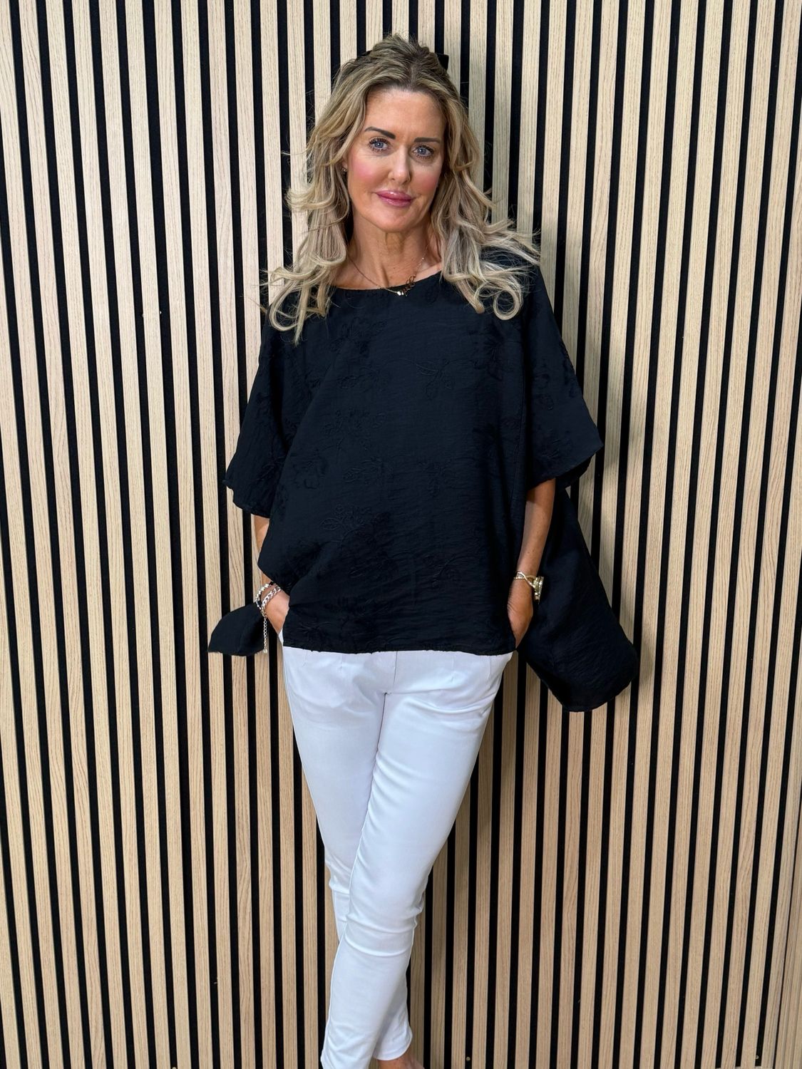 Floral Embroidered Oversized Top - Black