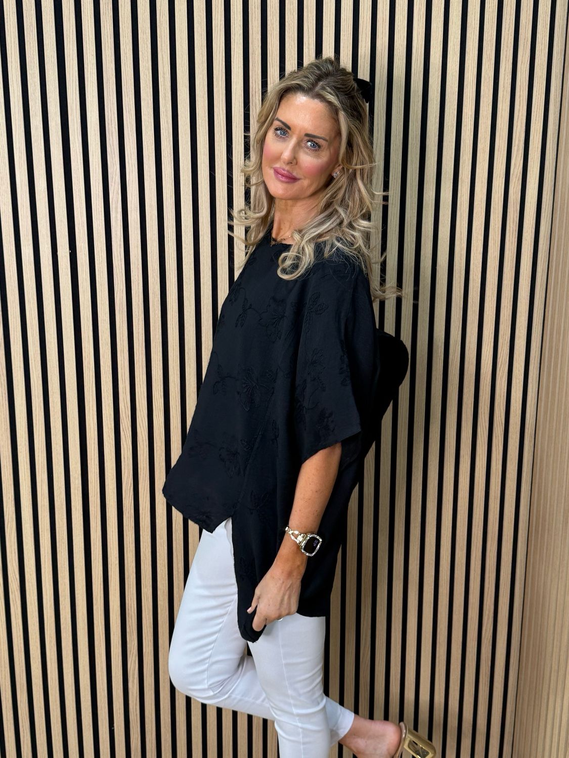 Floral Embroidered Oversized Top - Black