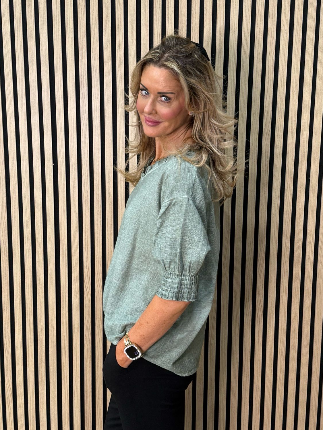 Frill Neck Cotton Top - Khaki