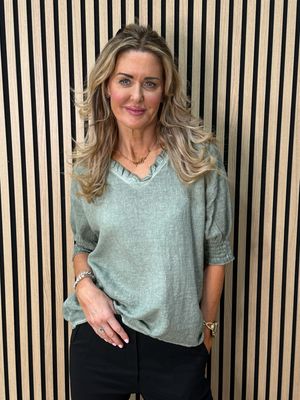 Frill Neck Cotton Top - Khaki