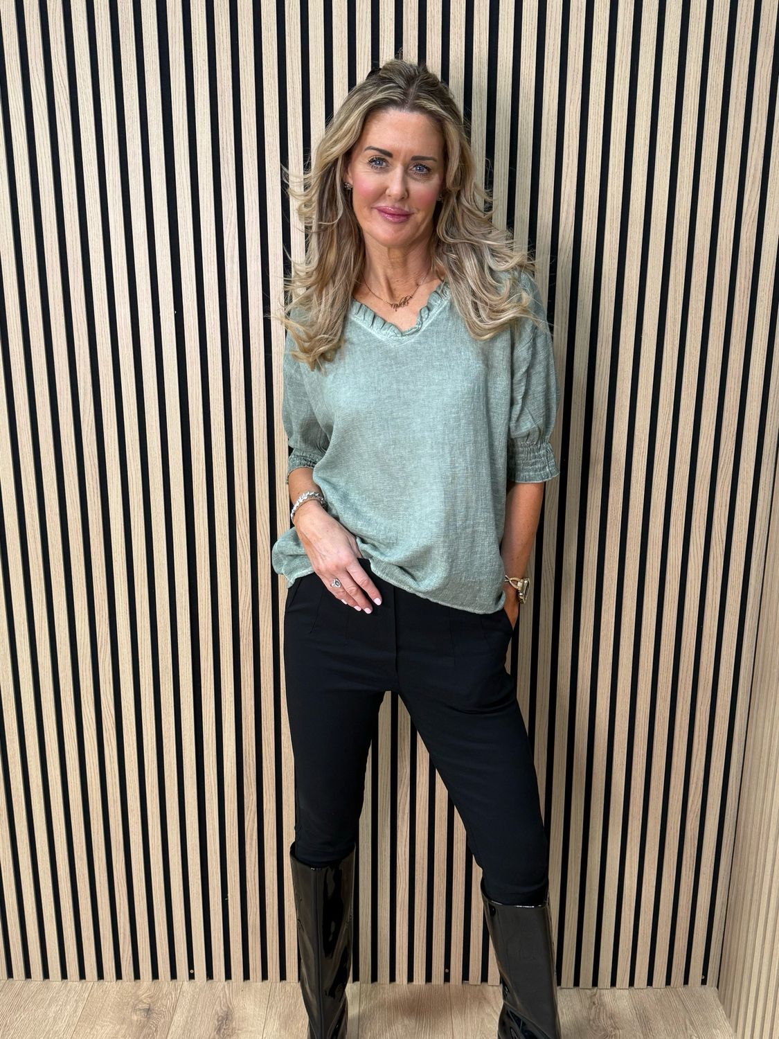 Frill Neck Cotton Top - Khaki