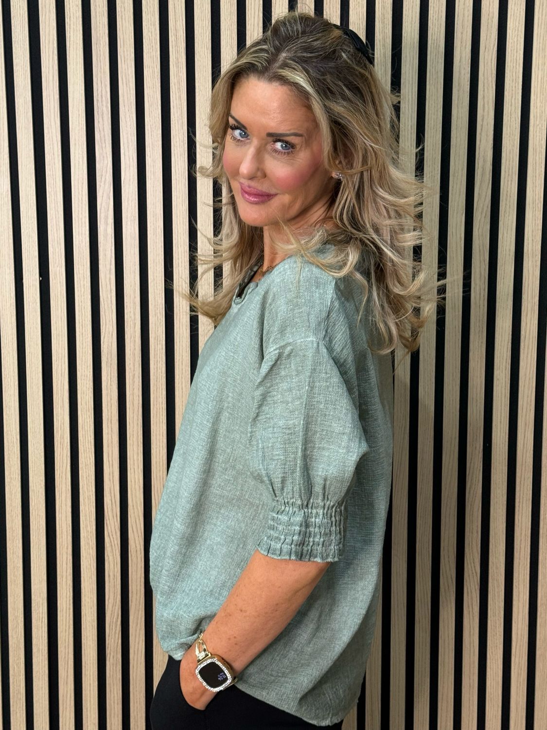 Frill Neck Cotton Top - Khaki