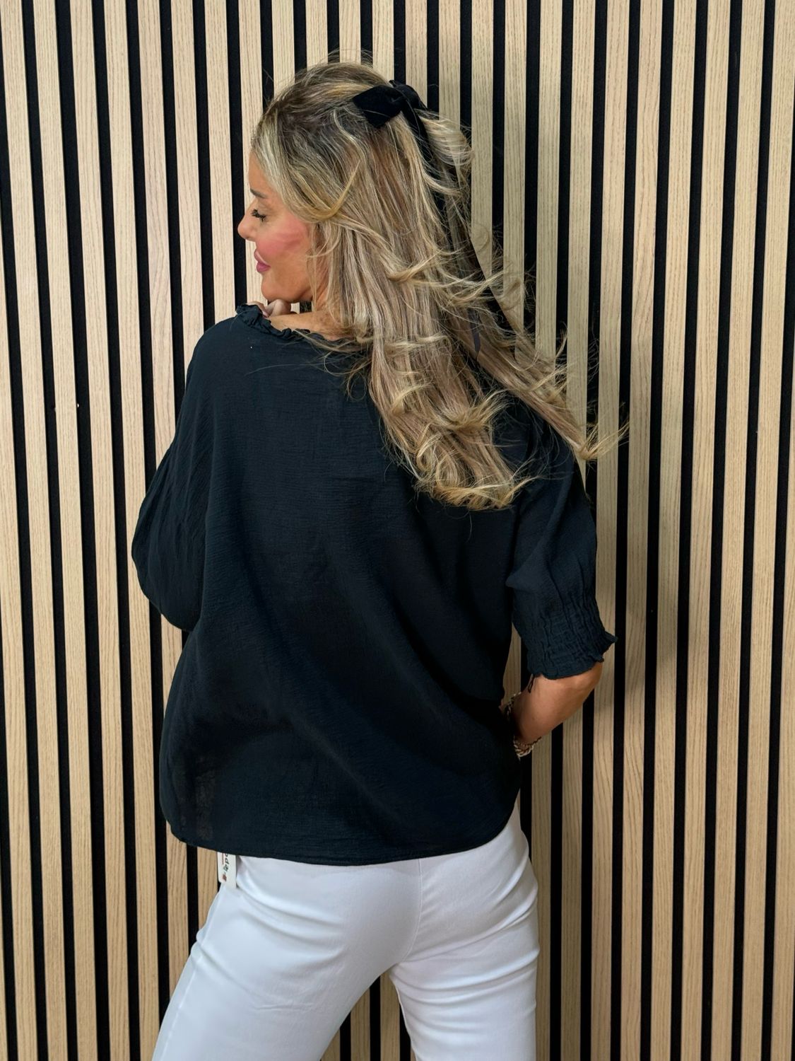 Frill Neck Cotton Top - Black