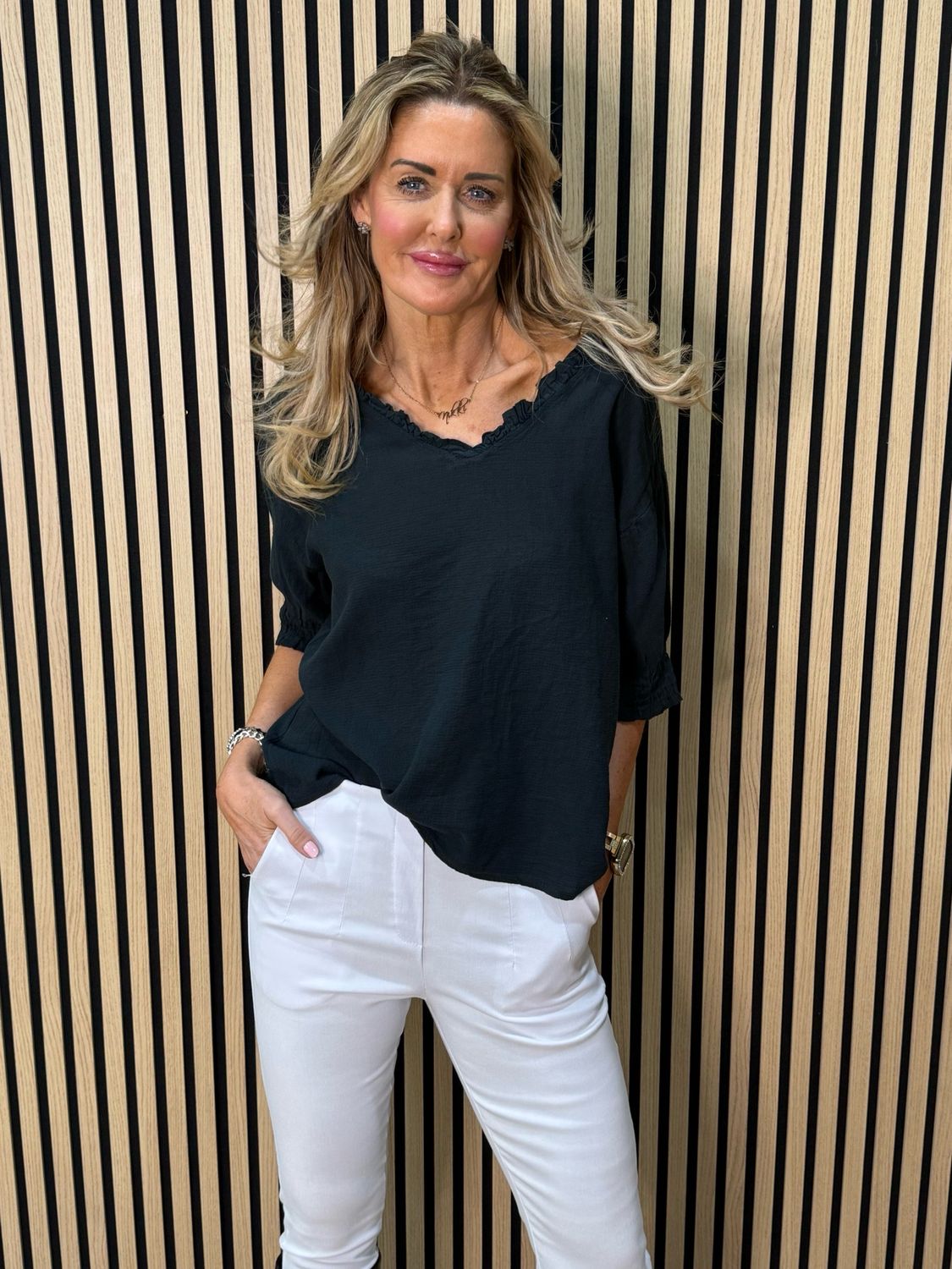 Frill Neck Cotton Top - Black