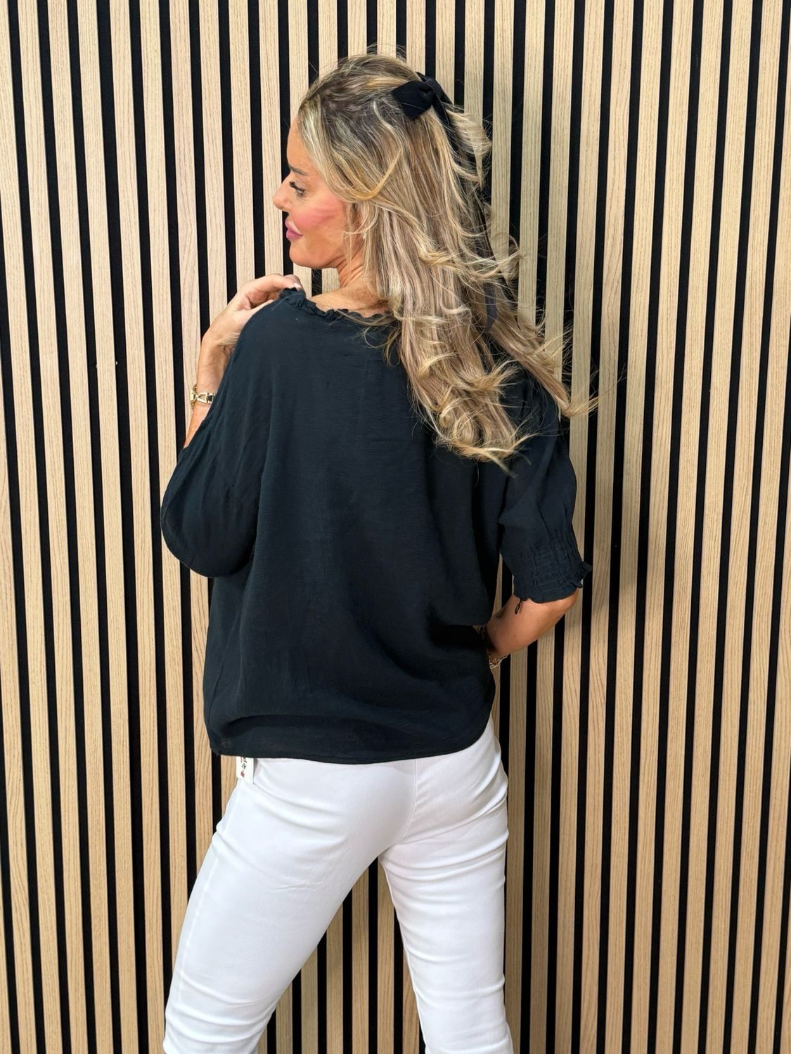 Frill Neck Cotton Top - Black