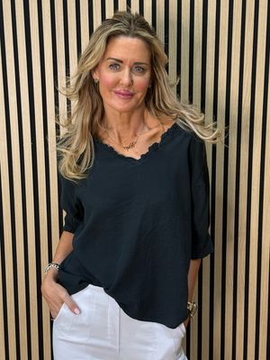 Frill Neck Cotton Top - Black