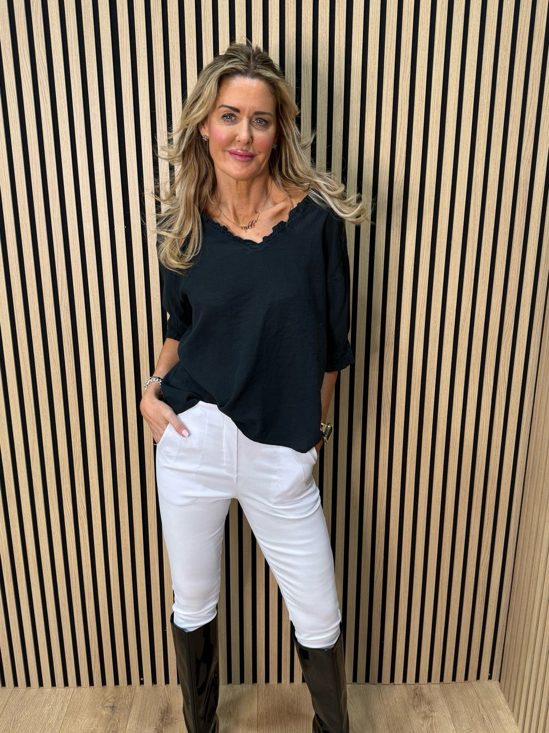 Frill Neck Cotton Top - Black