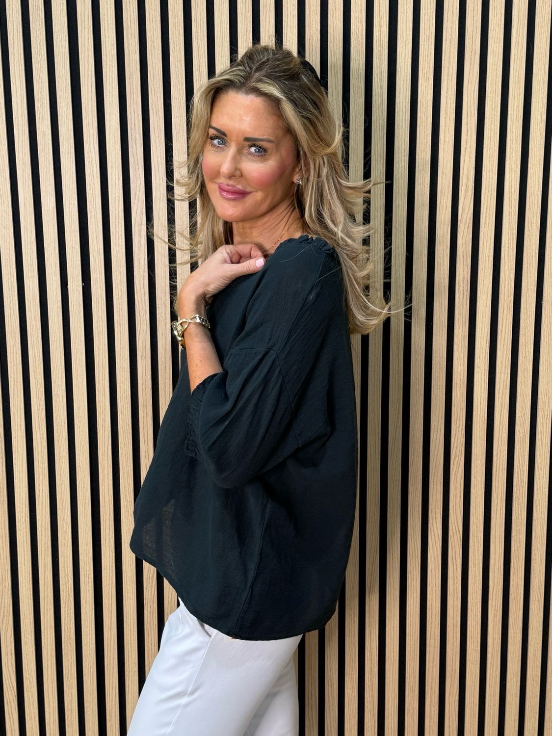 Frill Neck Cotton Top - Black