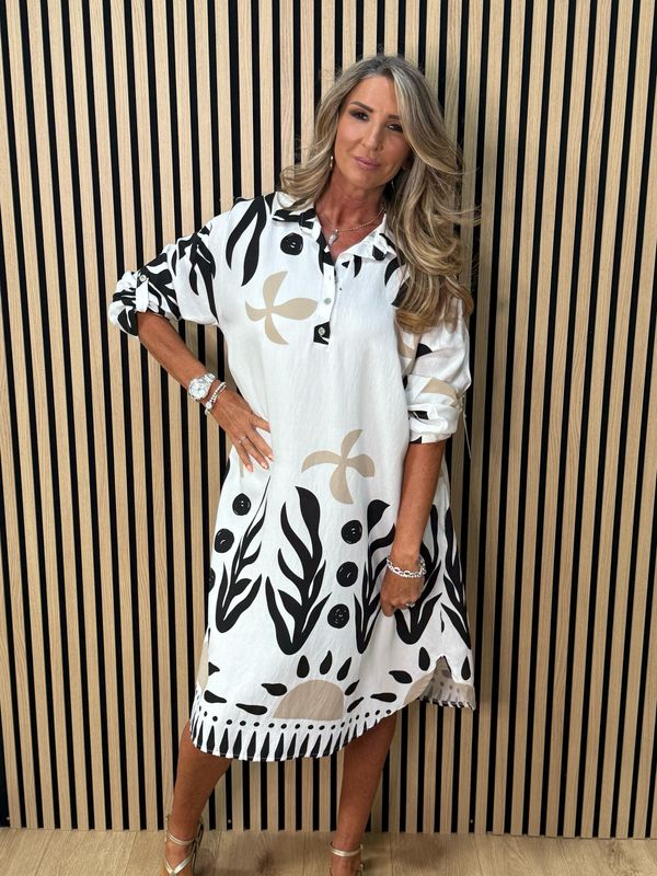 Abstract Print Shirt Dress - White/Black/Sand
