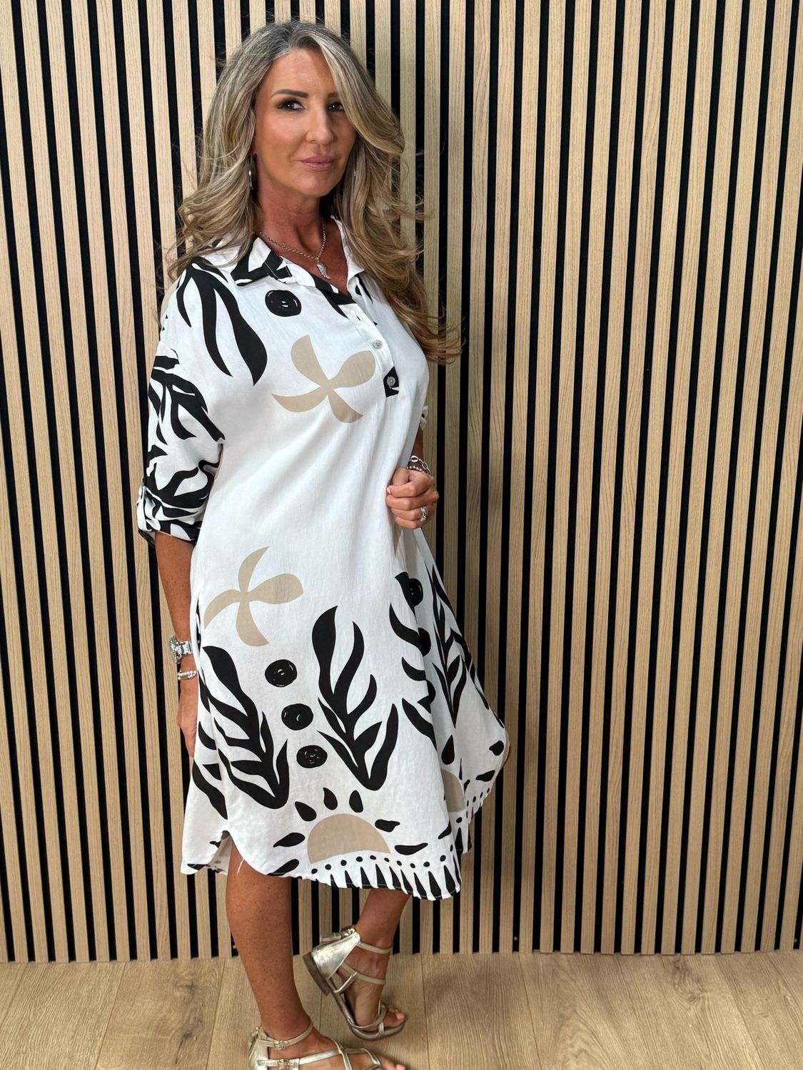 Abstract Print Shirt Dress - White/Black/Sand