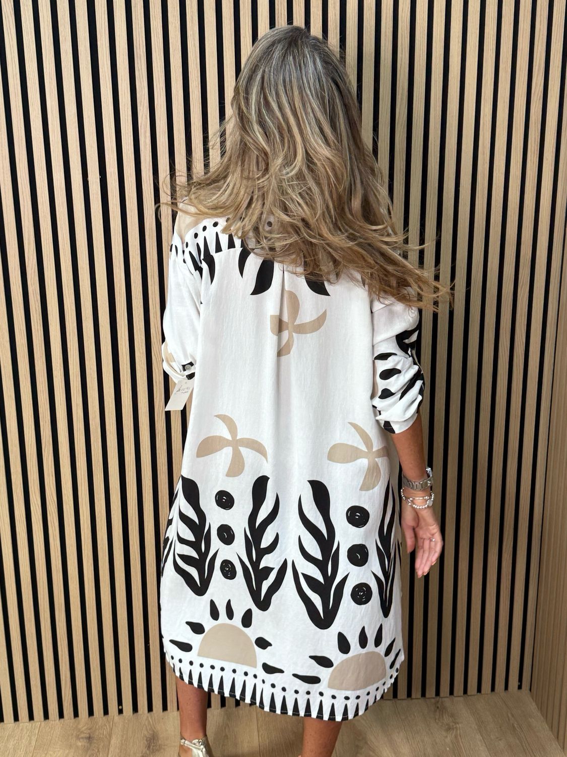 Abstract Print Shirt Dress - White/Black/Sand