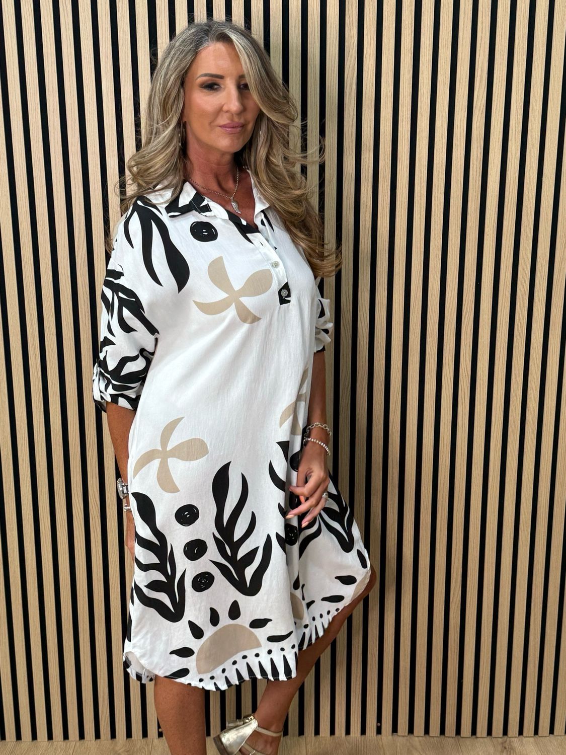 Abstract Print Shirt Dress - White/Black/Sand