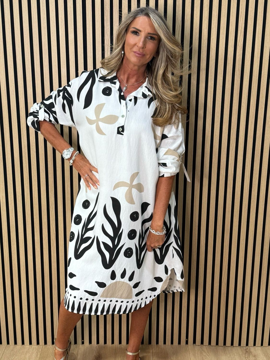 Abstract Print Shirt Dress - White/Black/Sand