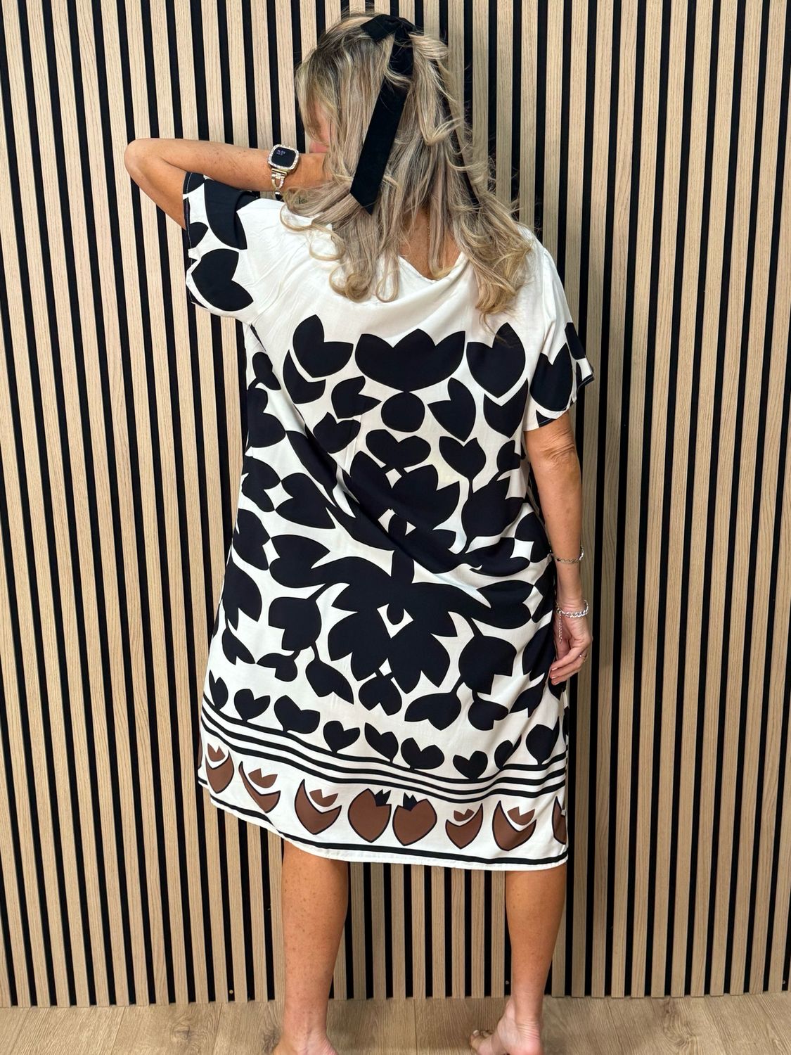 Bold Floral Print Midi Dress - Cream/Black