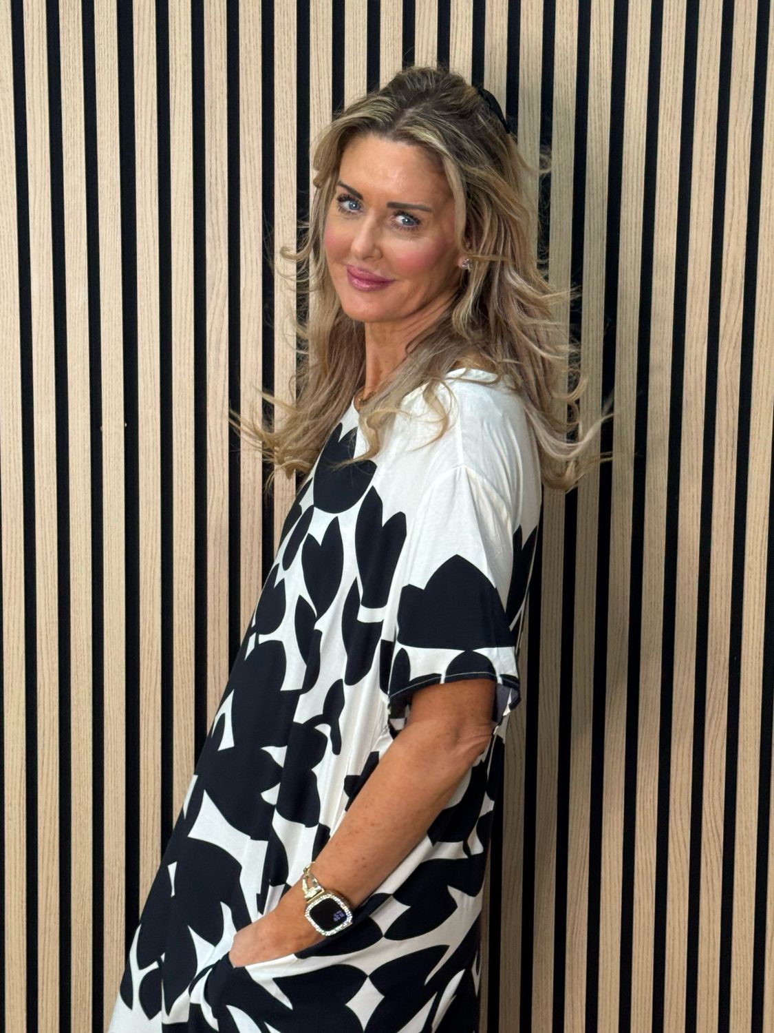 Bold Floral Print Midi Dress - Cream/Black