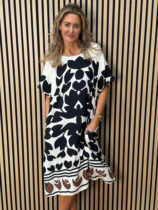 Bold Floral Print Midi Dress - Cream/Black