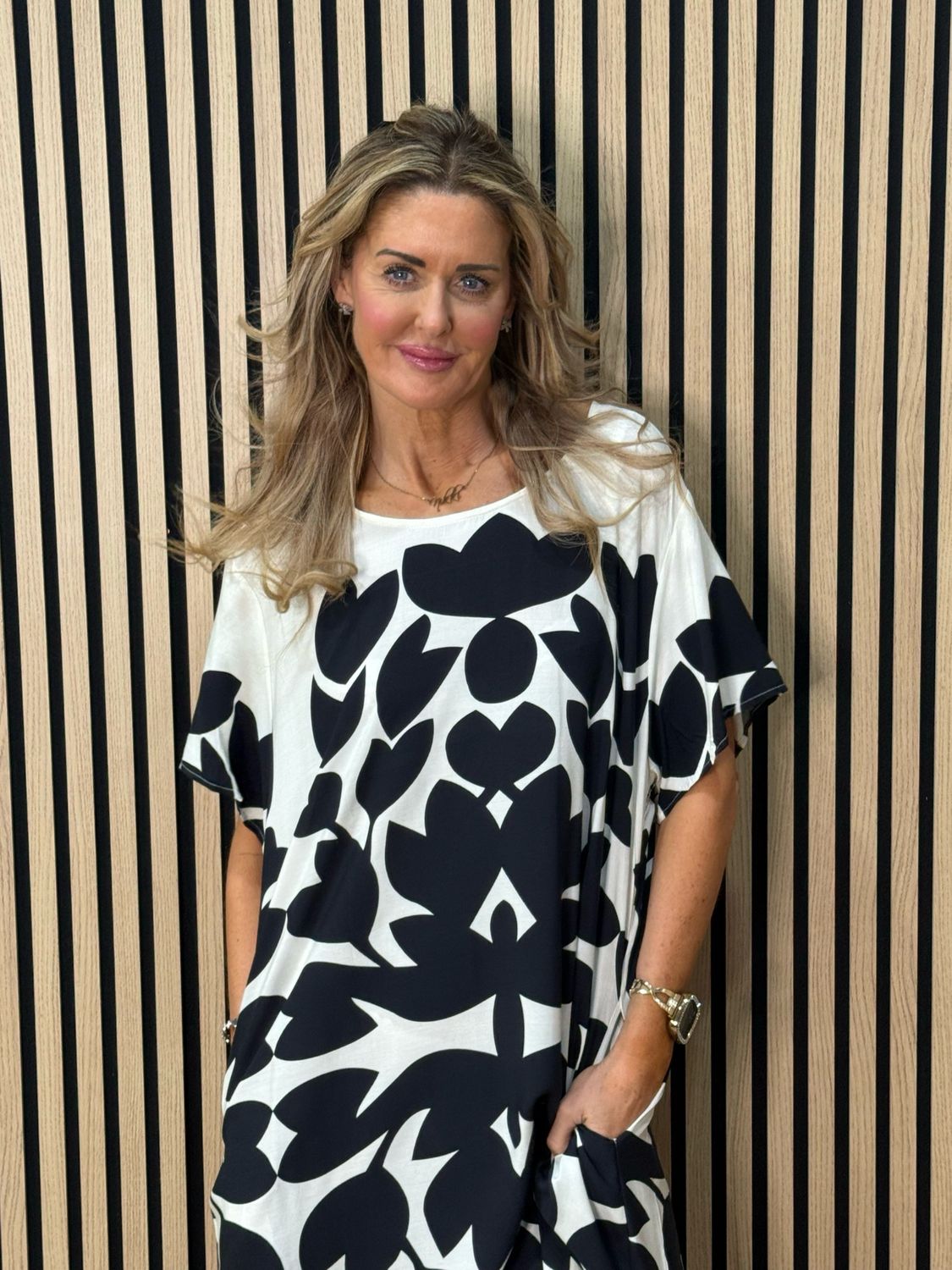 Bold Floral Print Midi Dress - Cream/Black